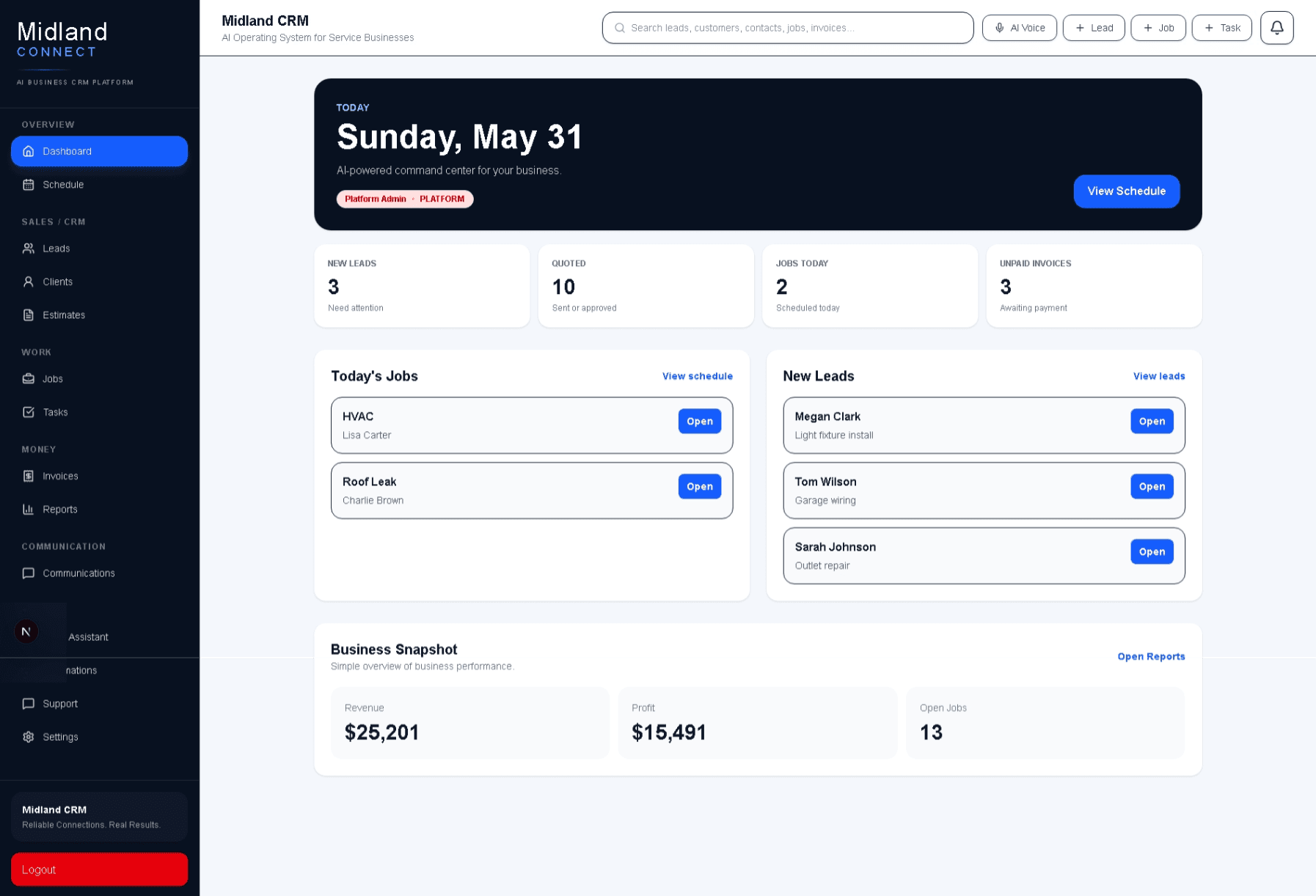 Midland CRM dashboard
